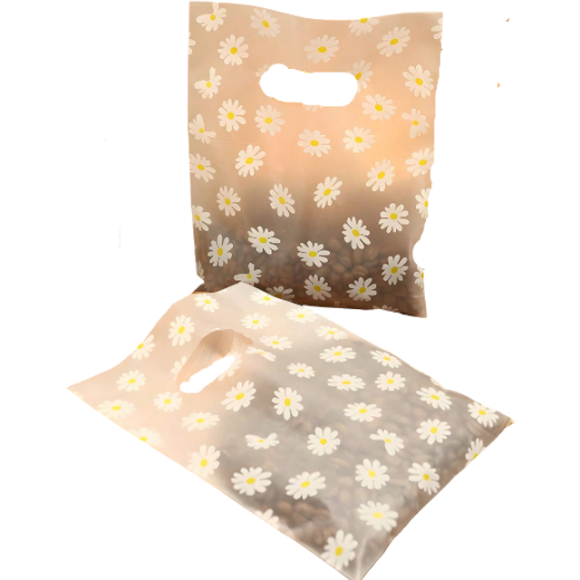 SHEIN 50pcs-Daisy Printed Plastic Gift Bags With Handle, Cute Flower Pattern Transparent Gift Wrapping Bags, Ideal For Mother&#39;s Day, Wedding, Birthday, Grad