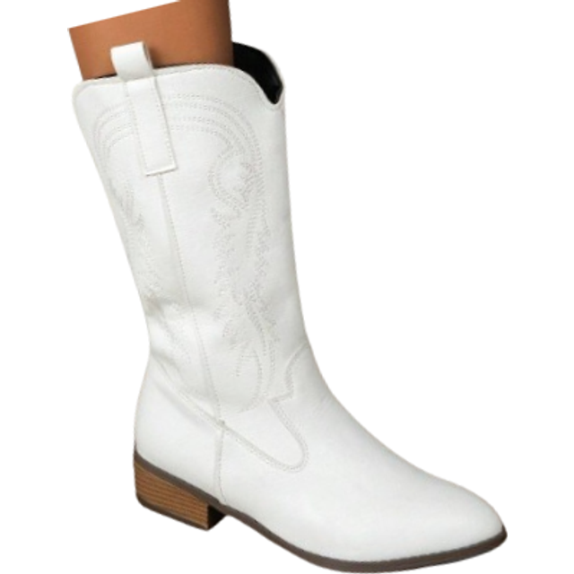 SHEIN Pointed Toe Chunky Heel Over-The-Knee Cowgirl Boots With Embroidery, Fashion Match Jorts Ideal With White Dress