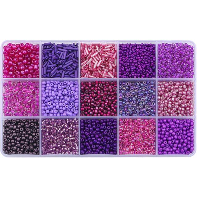 Basigeese Mix 15 Color Glass Seed Beads Tube Beads Glass Bugle Beads Loose Kit for Jewelry Making DIY Craft Beading (Mix 15 Color  Purple)
