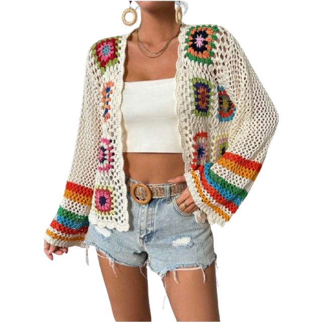 Breezaya Dopamine Colorful Braided Hollow Out Spring Sunscreen Holiday 2024 New Design Loose Long-Sleeved Open Cardigan,Long Sleeve Tops