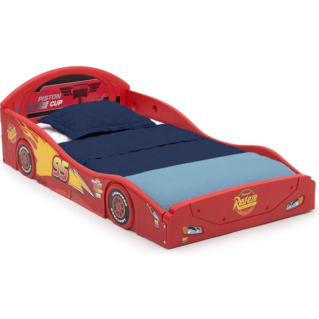 Delta Children Disney Pixar Cars Lightning McQueen Race Car Sleep and Play Toddler Bed with Attached Guardrails