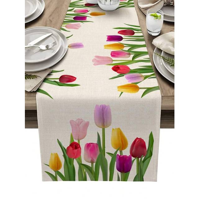 SHEIN 1pc Spring Tulip Floral Linen Table Runner For Dresser, Farmhouse, Kitchen, Dining Room Decor, Holiday Party Wedding Decoration