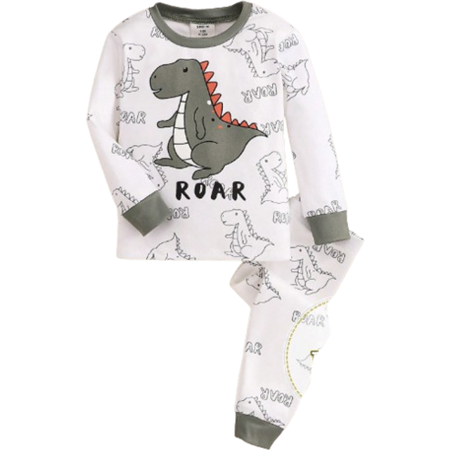 SHEIN 2pcs Baby Boy Snug Fit Cartoon Dinosaur Print Color Block Crew Neck Long Sleeve Knitted Pajama Set