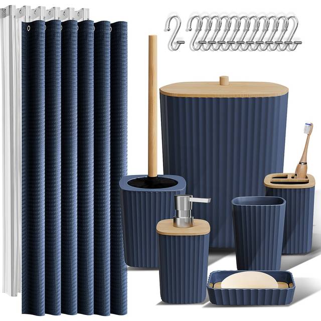 Clara Clark Bathroom Accessories Set - Navy Bathroom Set  20PC Bathroom Accessory Set  Shower Curtain Set  Toilet Brush  Trash Can & Soap Dispenser