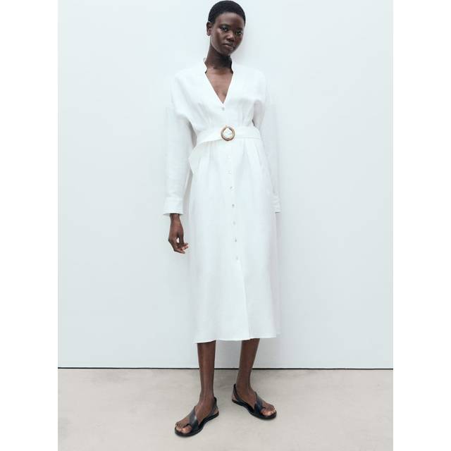 Linen shirt dress with belt white - Woman - 8 - MANGO - White