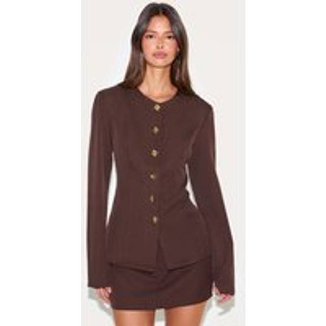 Deep Chocolate Gold Trim Cinched Waist Blazer, Deep Chocolate - 12