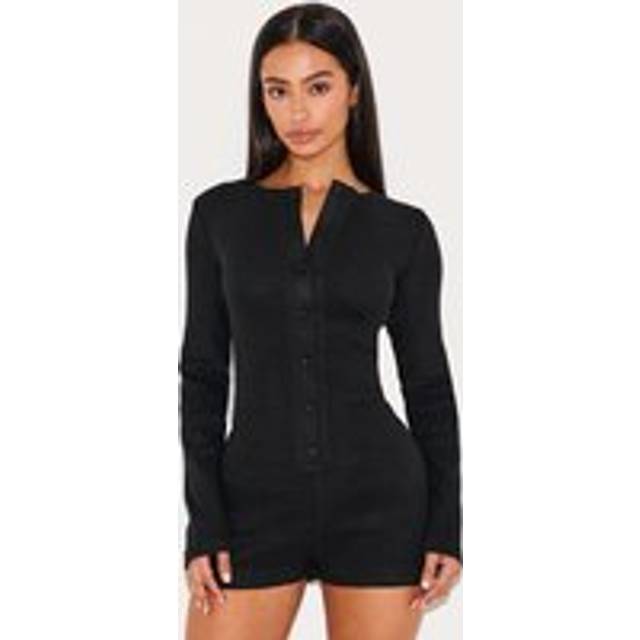 Petite Black Ribbed Long Sleeve Button Up Playsuit, Black