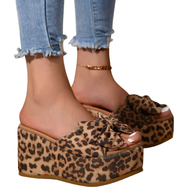 SHEIN 2025 Women&#39;s Sandals, Sexy Leopard Print Bow Thick Platform Wedge Heeled Fashionable Slip-On Round Toe Elevated Comfortable Sandals, Perfect For Sprin