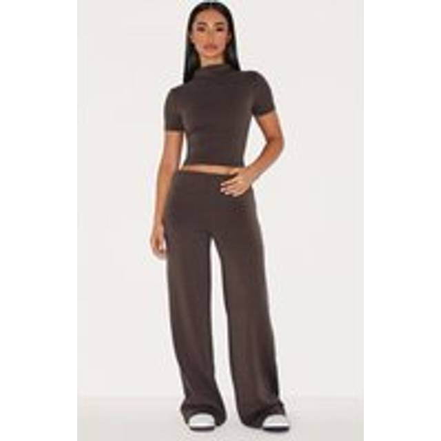 Petite Chocolate Modal High Waist Wide Leg Trousers, Chocolate