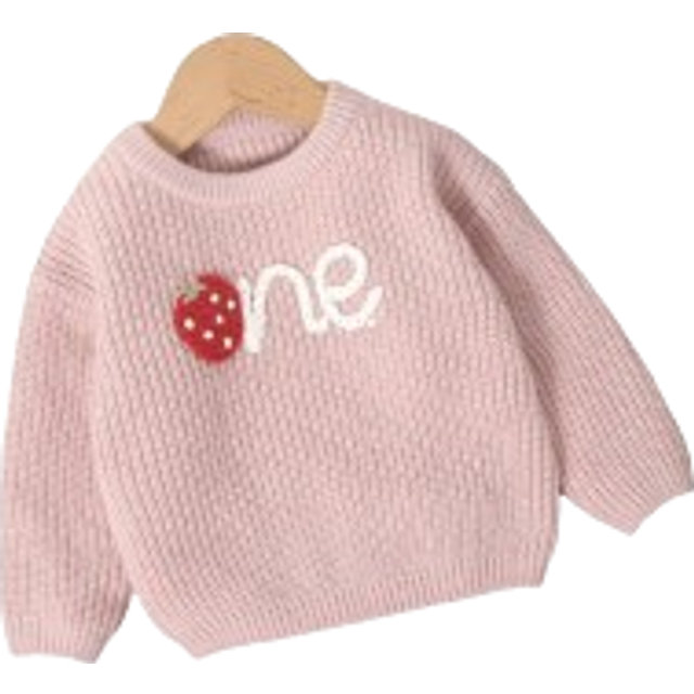 SHEIN 1pc Pink Baby Girl Hand-Embroidered Strawberry Sweater, Adorable Cute Classic Sweet Design Round Neck Long Sleeve Top, Fashionable Princess Style Dail