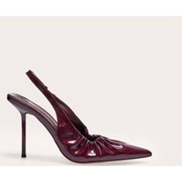 Burgundy PU Point Toe Gathered High Stiletto Sling Back Court Heels, Red - 5