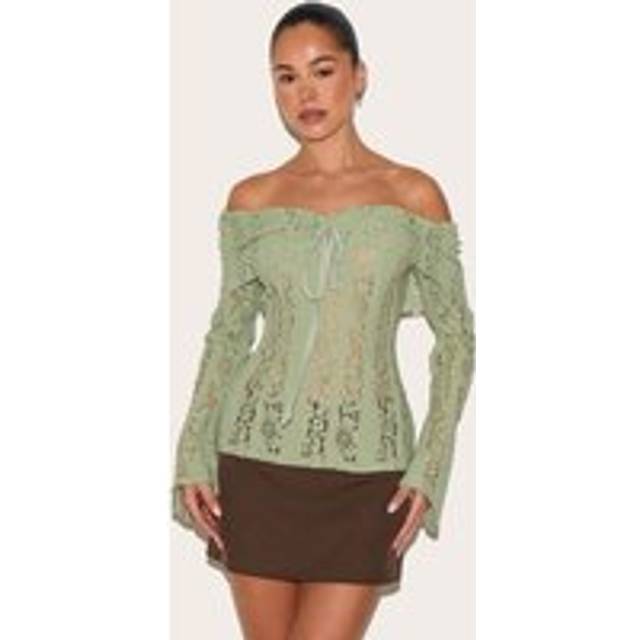 Sage Fitted Lace Flared Sleeve Bardot Top, Sage - 16
