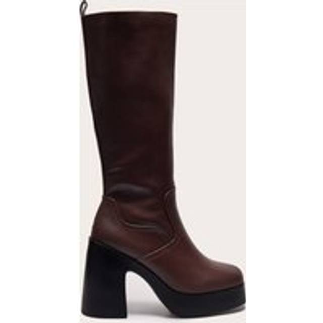 Chocolate PU Wide Fit Square Toe Block Heel Slight Platform Knee High Boots, Chocolate - 4