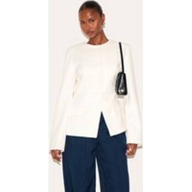 Cream Button Up Longline Collarless Blazer, White - 4