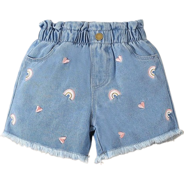 SHEIN Young Girl Heart & Rainbow Embroidery Denim Shorts,Holiday,Summer,Travel
