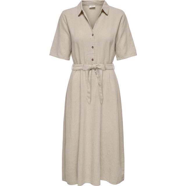 Midi-Length Dress with Belt, Shirt Collar - grey