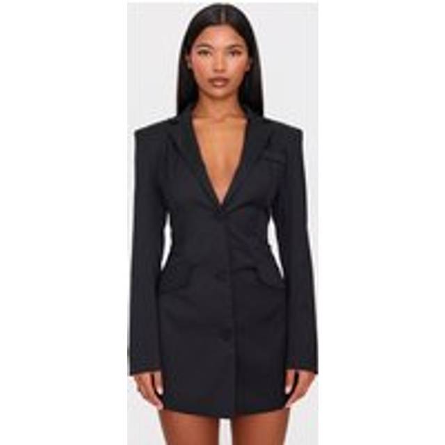 Black Woven Cinched Waist Blazer Dress, Black - 8