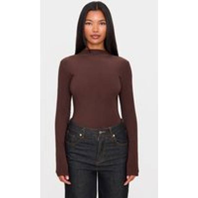 Chocolate Slinky High Neck Long Sleeve Bodysuit, Chocolate - 12