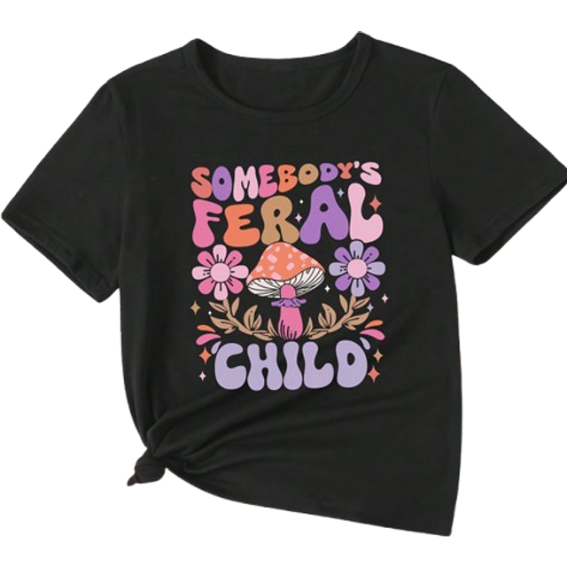 SHEIN Young Girl Casual Flower, Letter & Slogan Printed Short Sleeve T-Shirt