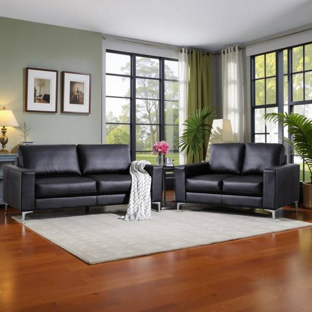 2-Piece Modern Black Premium Faux Leather Living Room Set With Sleek Comfortable 203Cm 3-Seater Sofa & 147Cm 2-Seater Loveseat With Plush Cushions And (2)
