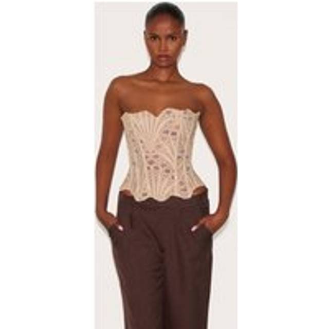 Almond Textured Sheer Floral Lace Corset, Almond - 12