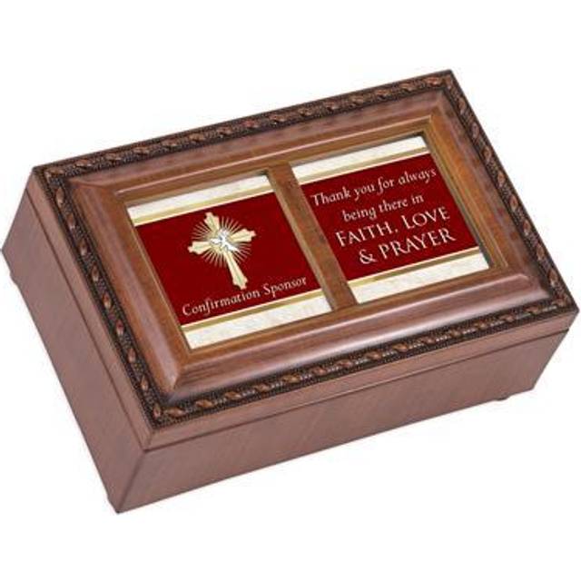 Cottage Garden Confirmation Sponsor Faith Love Prayer Woodgrain Rope Trim Petite Music Box Plays How Great Thou Art