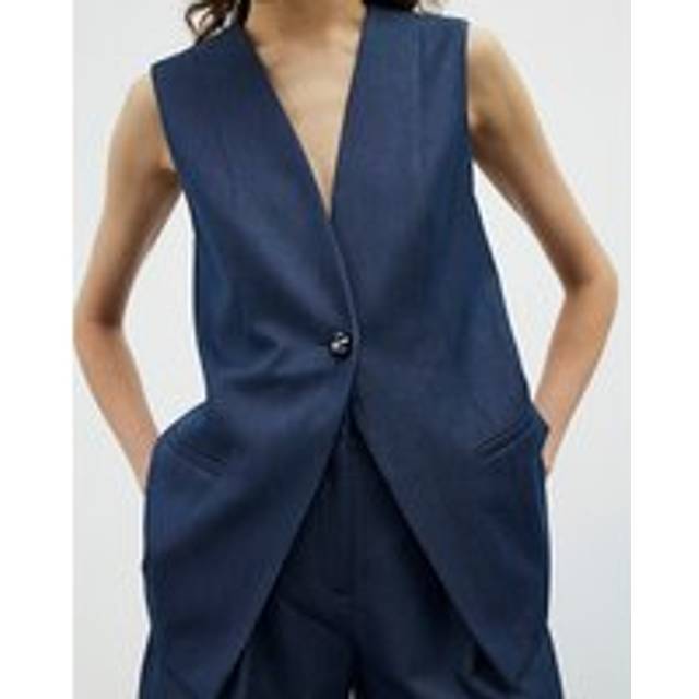 River Island – Mellanblå, tvättad, lång kostymväst i denim