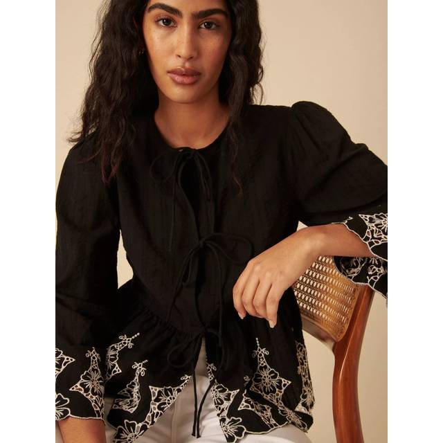 Nobody's Child Aramis Embroidered Tie Front Blouse, Black