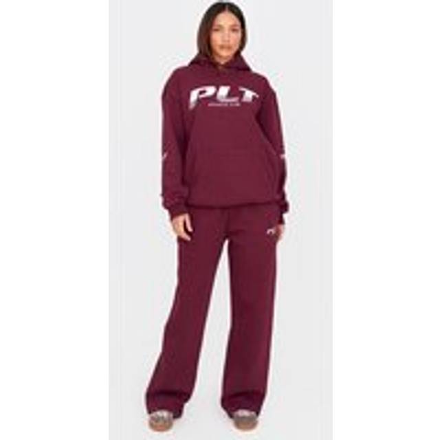 PRETTYLITTLETHING Tall Burgundy Logo Printed Wide Leg Joggers, Red - XS