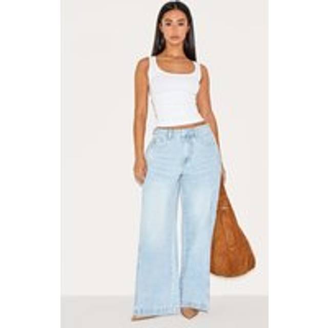 Petite Light Blue Denim Side Pleated Detail Wide Leg Jeans, Light Blue - 12