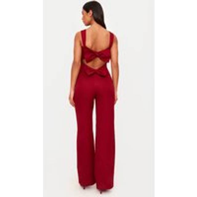 Burgundy Woven Cut Out Bow Detail Jumpsuit, Red - 10