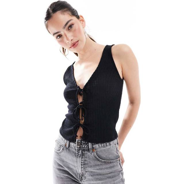 New Look Women's Black Ribbed Pointelle Effect Tie Front Vest - UK 16