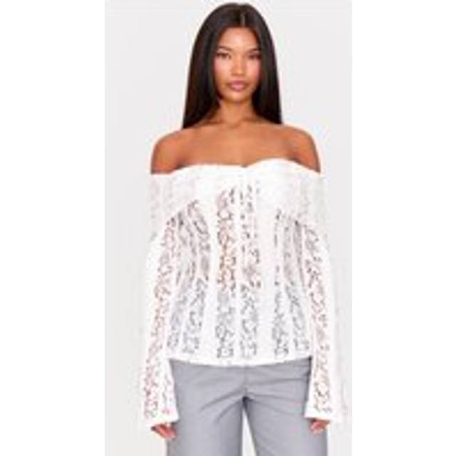 White Fitted Lace Flared Sleeve Bardot Top, White - 14