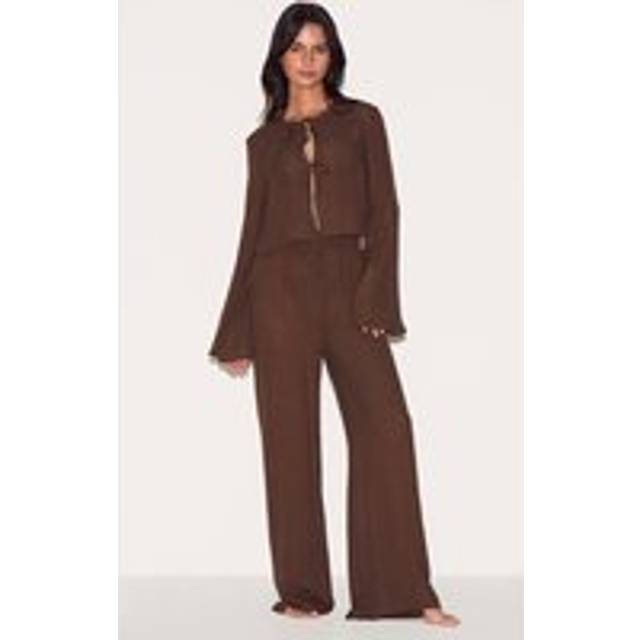 Brown Wide Leg Linen Look Beach Trousers, Brown - S