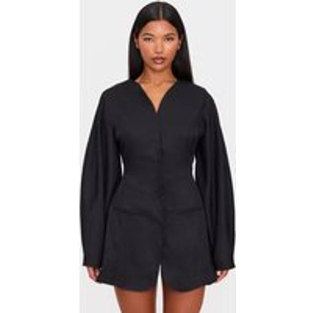 Black Woven Balloon Sleeve Collarless Blazer Dress, Black - 10