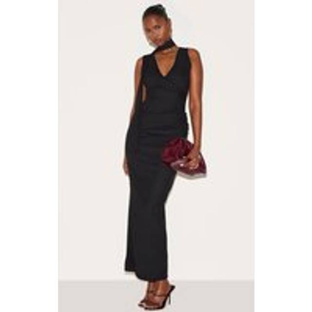 Black Mesh V Neck Wrap Maxi Dress, Black - 6