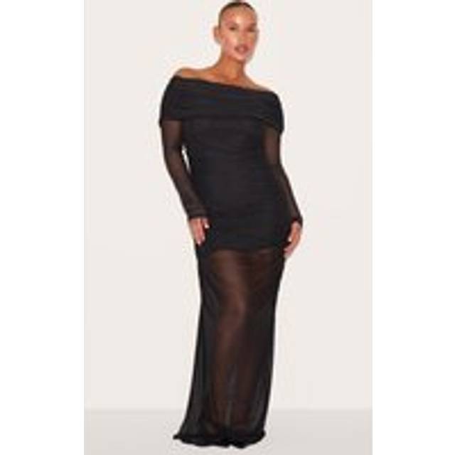 Plus Black Mesh Overlay Long Sleeve Bardot Maxi Dress, Black - 24