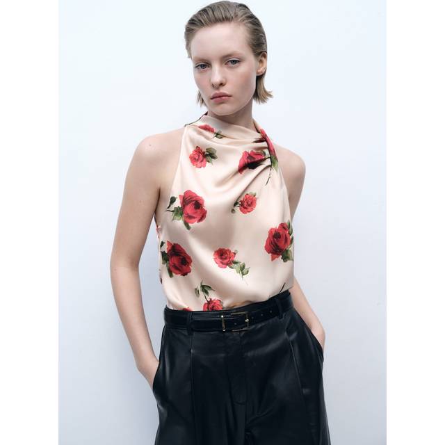 Mango Rose Halterneck Satin Top, Light Beige