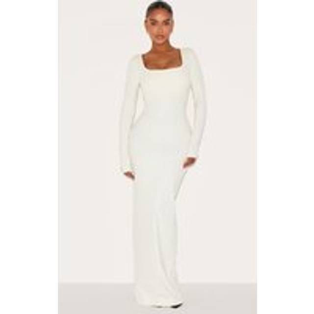 Shape Cream Built In Bra Sculpt Square Neck Long Sleeve Maxi Dress, White - 18