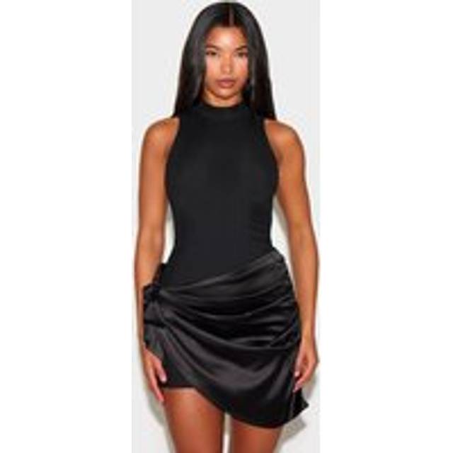Black Woven High Neck Satin Drape Mini Dress, Black - 6