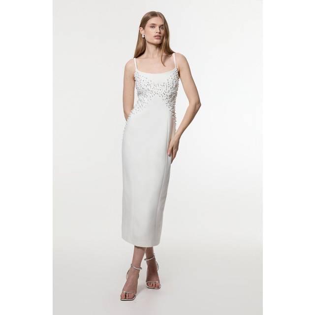 Petite Pearl And Diamante Embellished Tailored Pencil Dress - Ivory