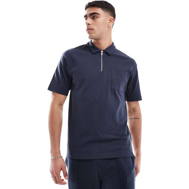 New Look Men's Navy Regular Quarter Zip Polo Top - M