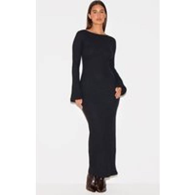 Black Heavy Brushed Rib Flared Sleeve Maxi Dress, Black - 8