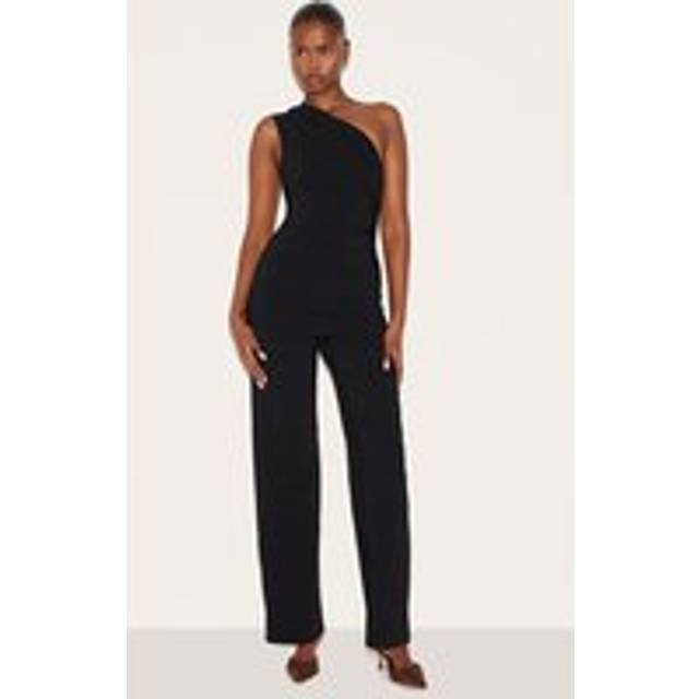 Black Stretch Woven One Shoulder Ruched Flared Jumpsuit, Black - 10
