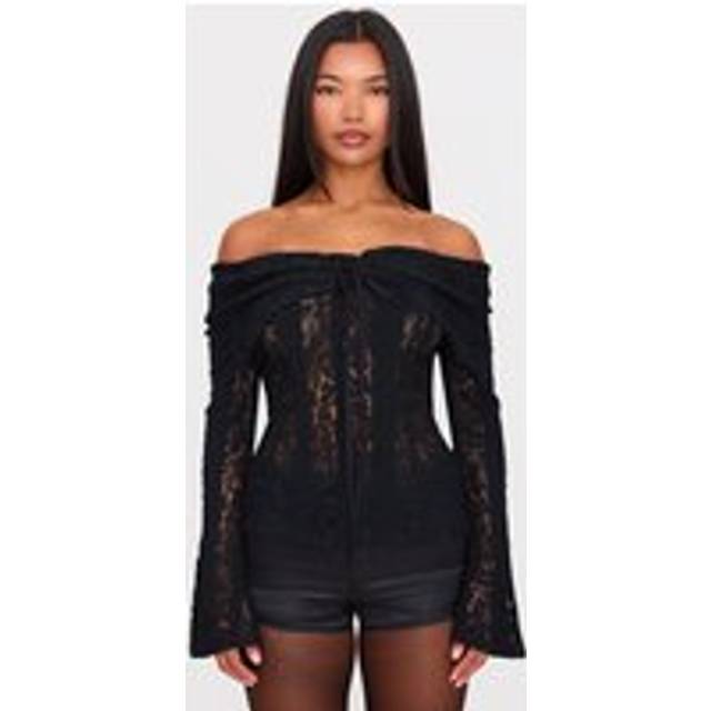 Black Fitted Lace Flared Sleeve Bardot Top, Black - 6