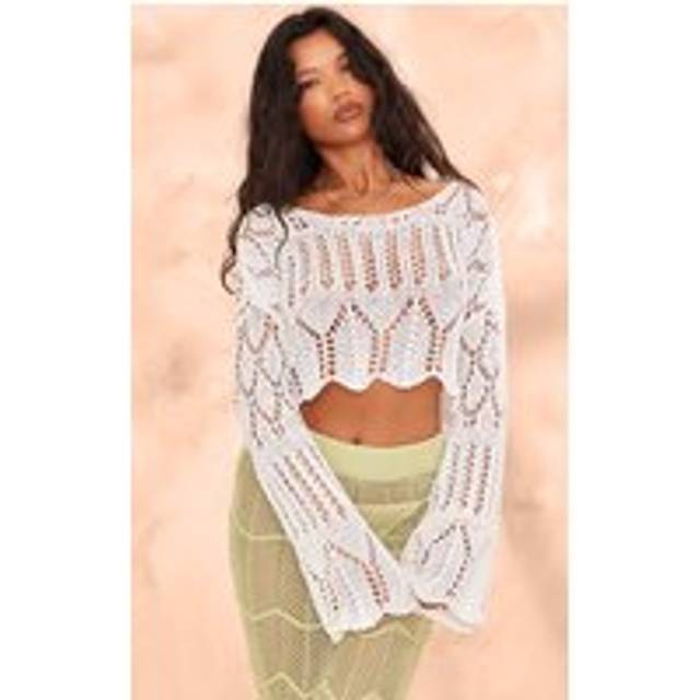 Off White Open Crochet Knit Slouchy Flared Sleeve Jumper, Off White - M