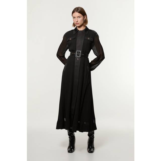 Viscose Georgette Woven Trench Midi Dress - Black