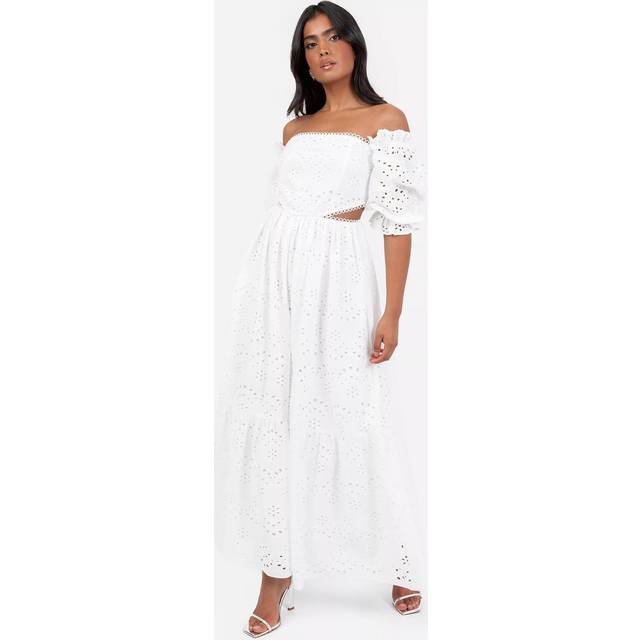 Maya Deluxe Broderie Anglaise Puff Sleeve Bardot Maxi Dress, White
