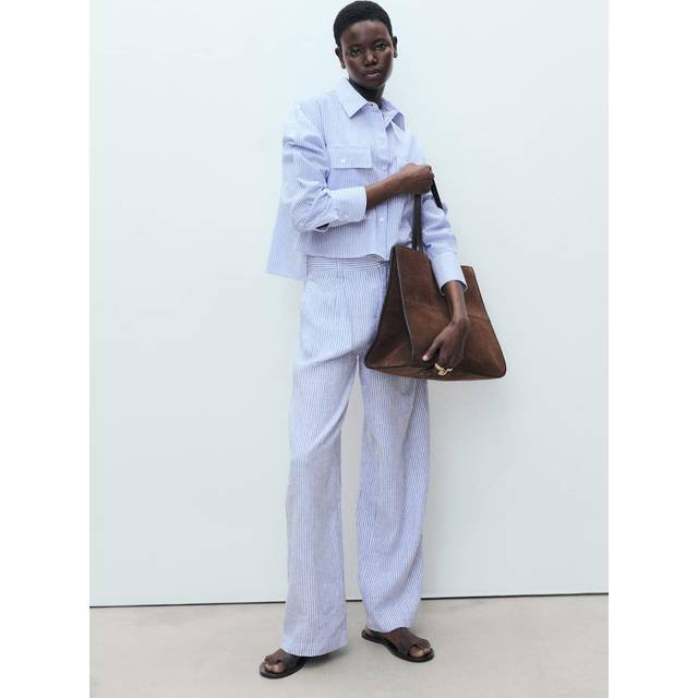 Mango Maneli Stripe Linen Blend Straight Leg Trousers, Medium Blue
