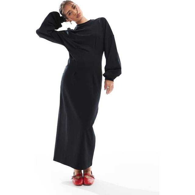 ASOS DESIGN – Svart, lång sweatshirtklänning med indragen midja-Svart/a